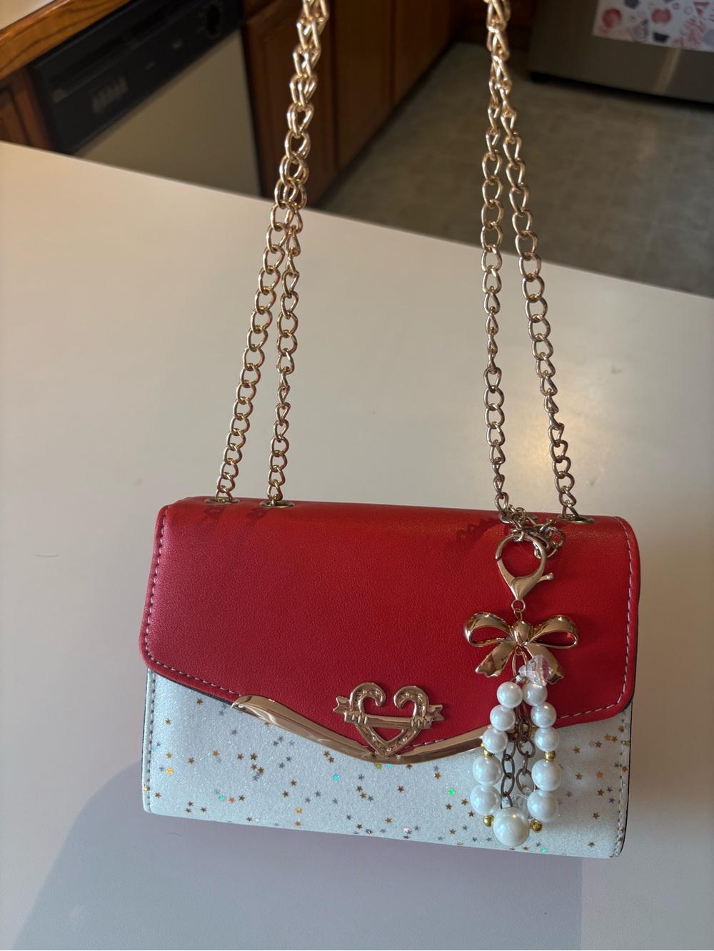 Red and White Heart Charm Crossbody Bag with Gold Chain